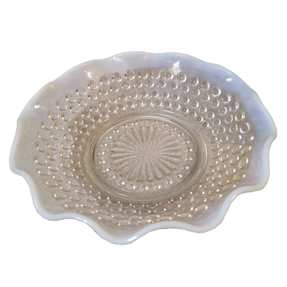 Vintage Fenton Hobnail Ruffled Bowl Dish Clear White Milk Rim Art Glass
